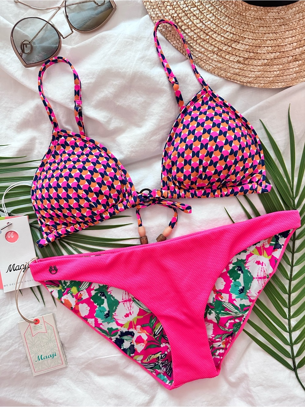 Maaji Hot Pink Multi-Pattern Reversible Sliding Tri Bikini Top | Cheeky Bottom